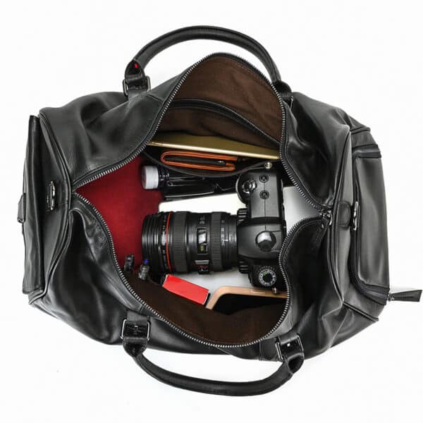 The black Pablo leather duffel bag interior view
