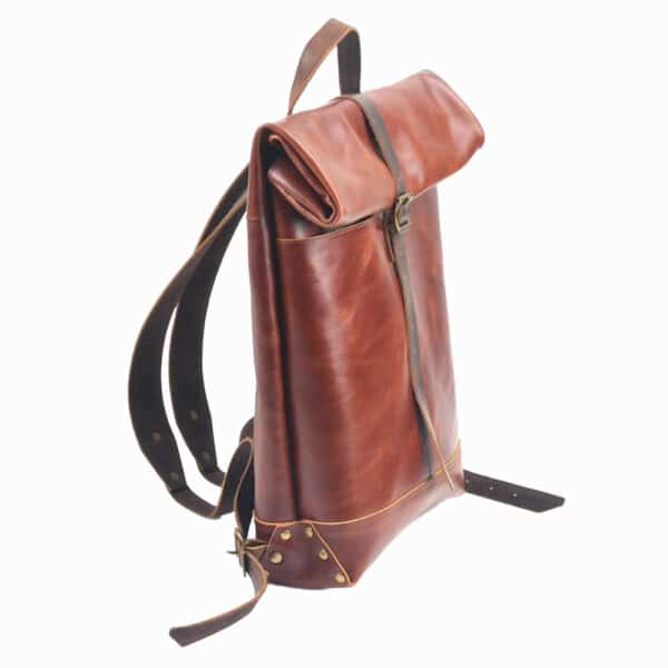 Kingsley Roll Top Leather Backpack Reddish Brown side View