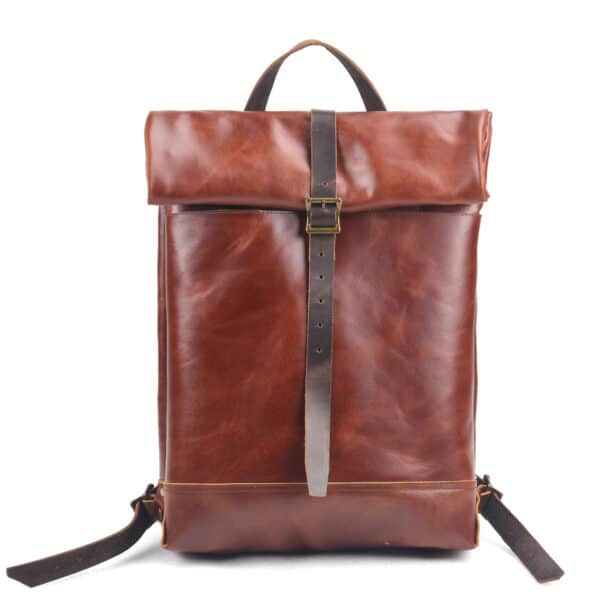 Kingsley Roll Top Leather Backpack Reddish Brown Front View