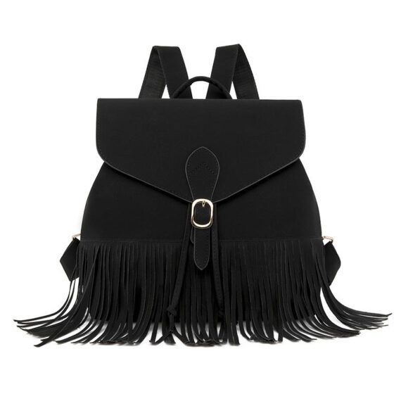 Mini Black Leather Fringe backpack front view