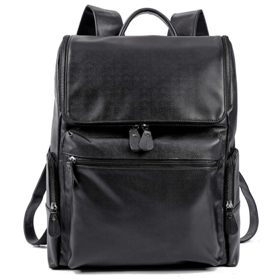 Carbon black leather laptop backpack Front View