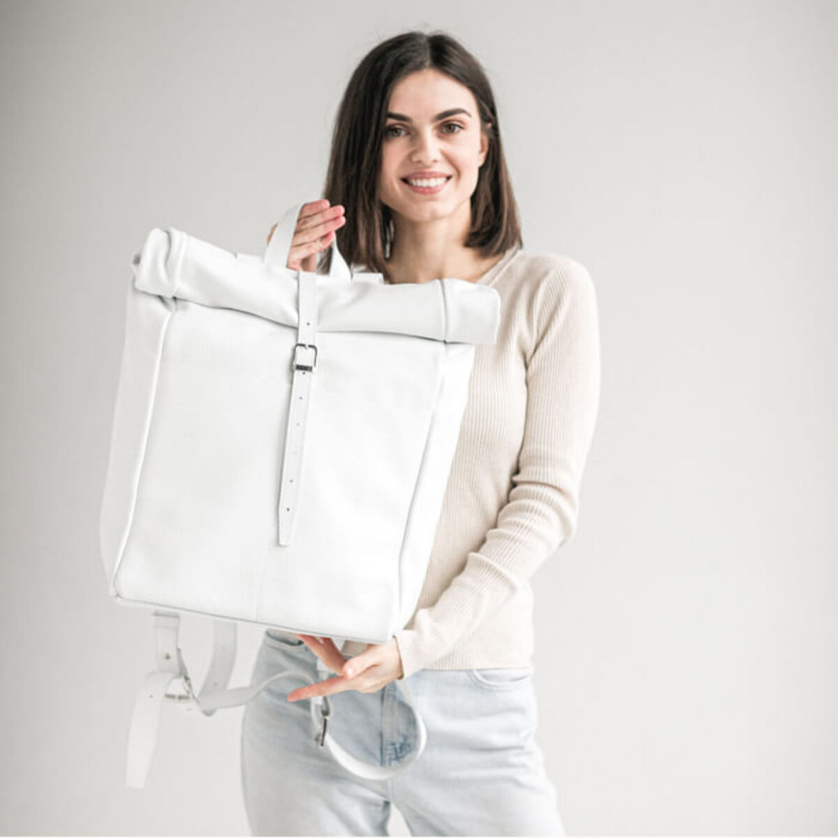 ashley pebble leather backpack Ashley White Roll-Top Backpack