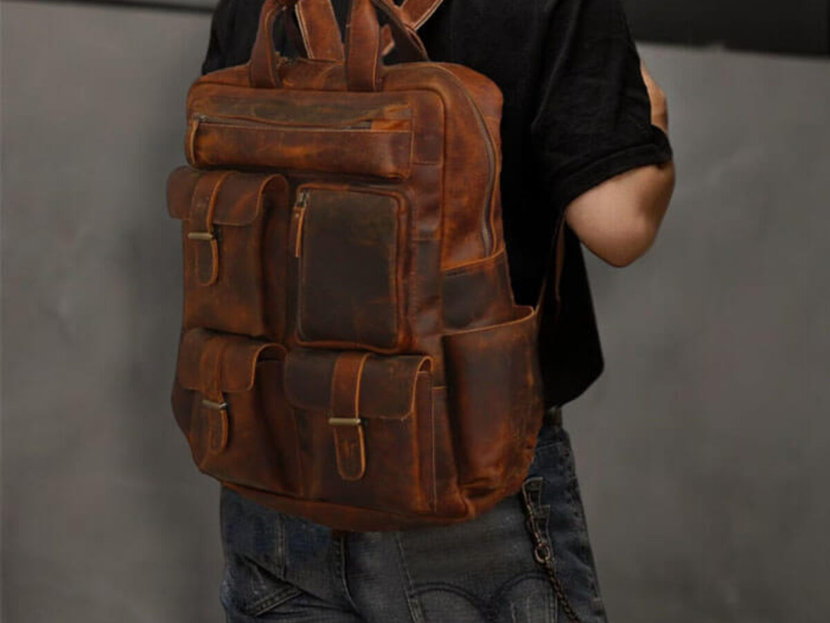 distressed leather computer backpack ladonna The Tooled leather + hide toe Backpack - Vintage Leather