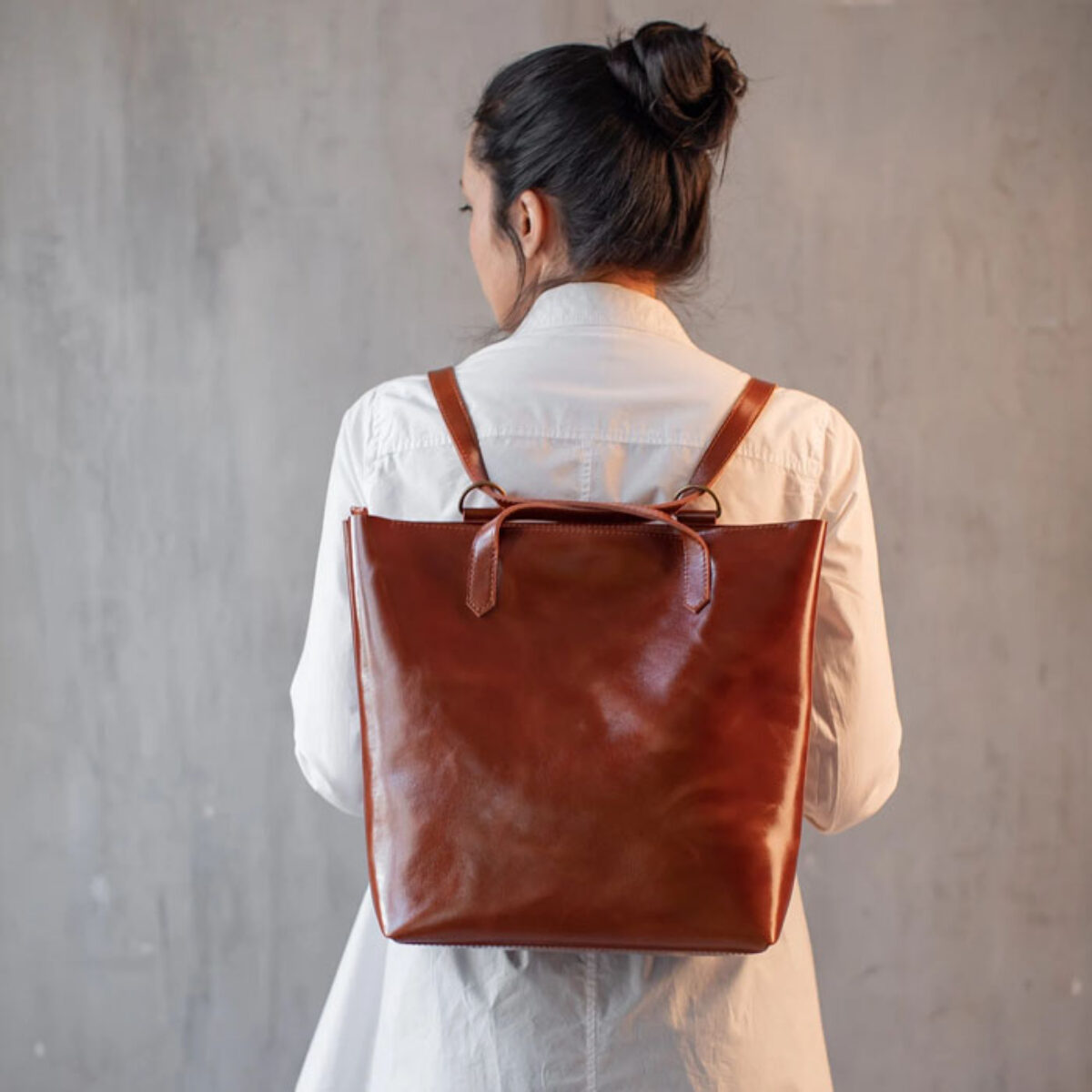 Gwyneth Cognac Leather Convertible Backpack Tote display picture 1
