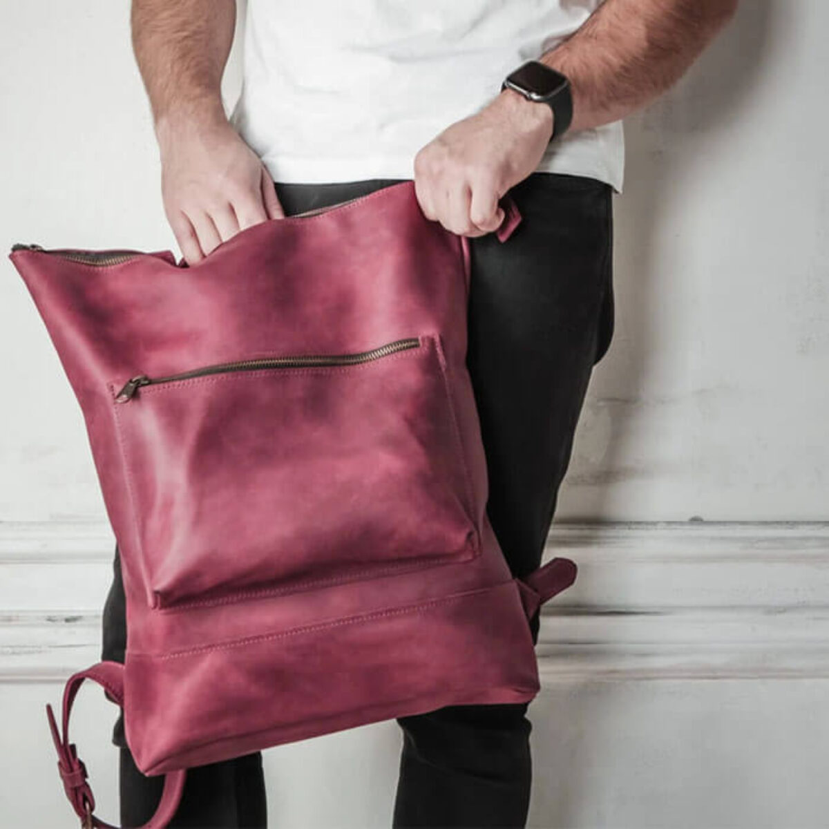 burgandy leather rectangular backpack Marlon Burgundy Leather Laptop Backpack